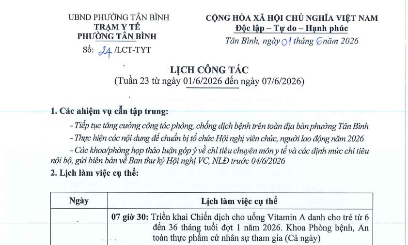 Lịch công tác tuần 23 (từ ngày 1/6/2026 đến ngày 7/6/2026)