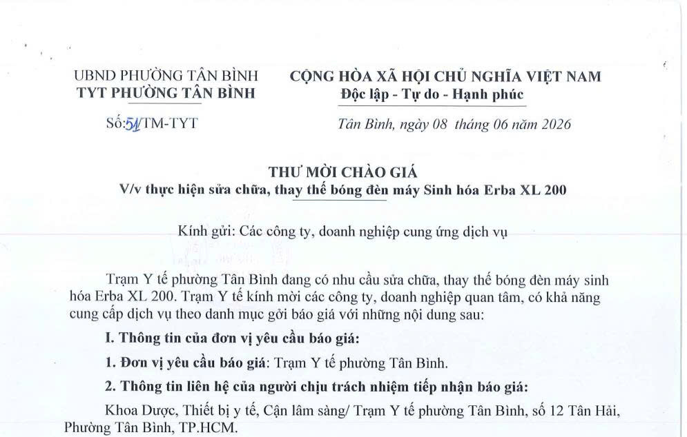Thư mời chào giá số 51/TM-TYT ngày 08/6/2026 của Trạm Y tế phường Tân Bình về việc thực hện sửa chữa, thay thế bóng đèn máy Sinh hóa Erba XL