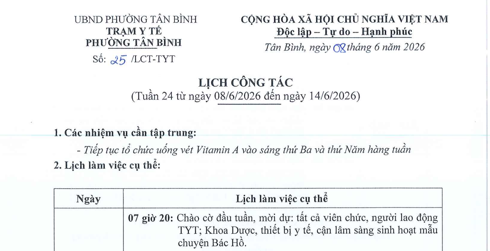 Lịch công tác tuần 24 (từ ngày 8/6/2026 đến ngày 14/6/2026)