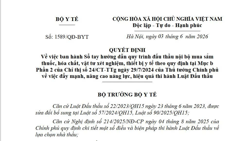 Quyết định số 1589/QĐ - BYT ngày 03/6/2026 v/v ban hành Sổ tay hứng dẫn quy trình đấu thầu nội bộ mua sắm thuốc, hóa chất, vật tư xét nghiệm, thiết bị y tế