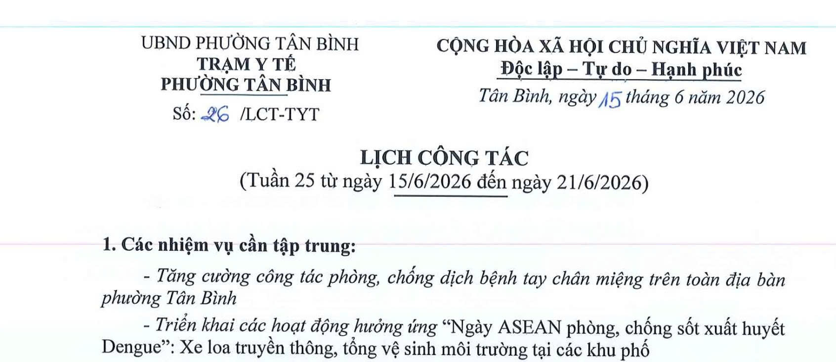 Lịch công tác tuần 25 (Từ ngày 15/6/2026 đến ngày 21/6/2026)