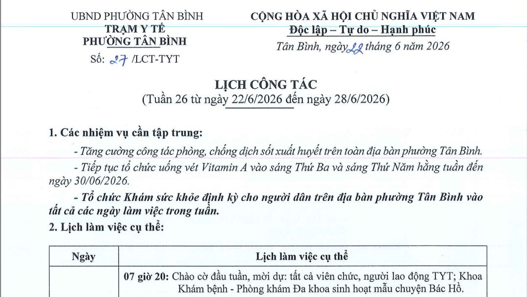 Lịch công tác tuần 26 (từ ngày 22-6-2026 đến ngày 28-6-2026)