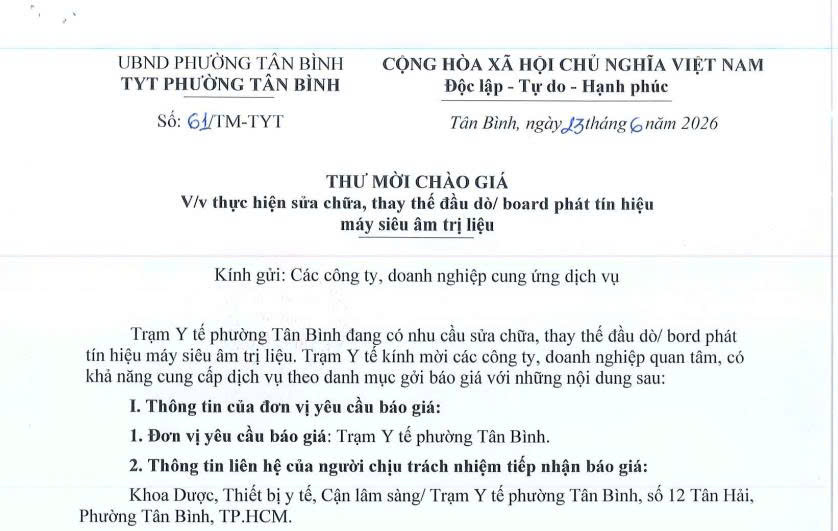 Thư mời chào giá số 61/TM-TYT ngày 23/6/2026 về việc thực hiện sửa chữa, thay thế đầu dò/board phát tín hiệu máy siêu âm trị liệu