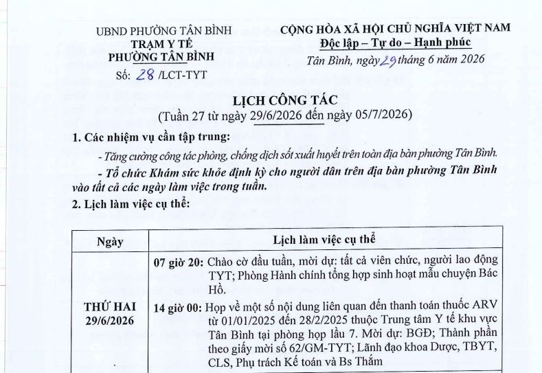 Lịch công tác tuần 27 (từ 29/6/2026 đến ngày 5/7/2026)