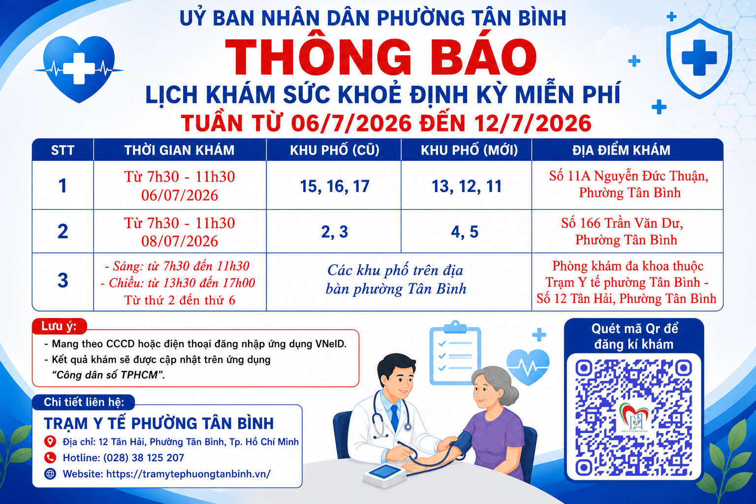 LỊCH KHÁM SỨC KHOẺ ĐỊNH KỲ MIỄN PHÍ CHO NGƯỜI DÂN TRÊN ĐỊA BÀN PHƯỜNG TUẦN TỪ 06/7/2026 ĐẾN 12/7/2026