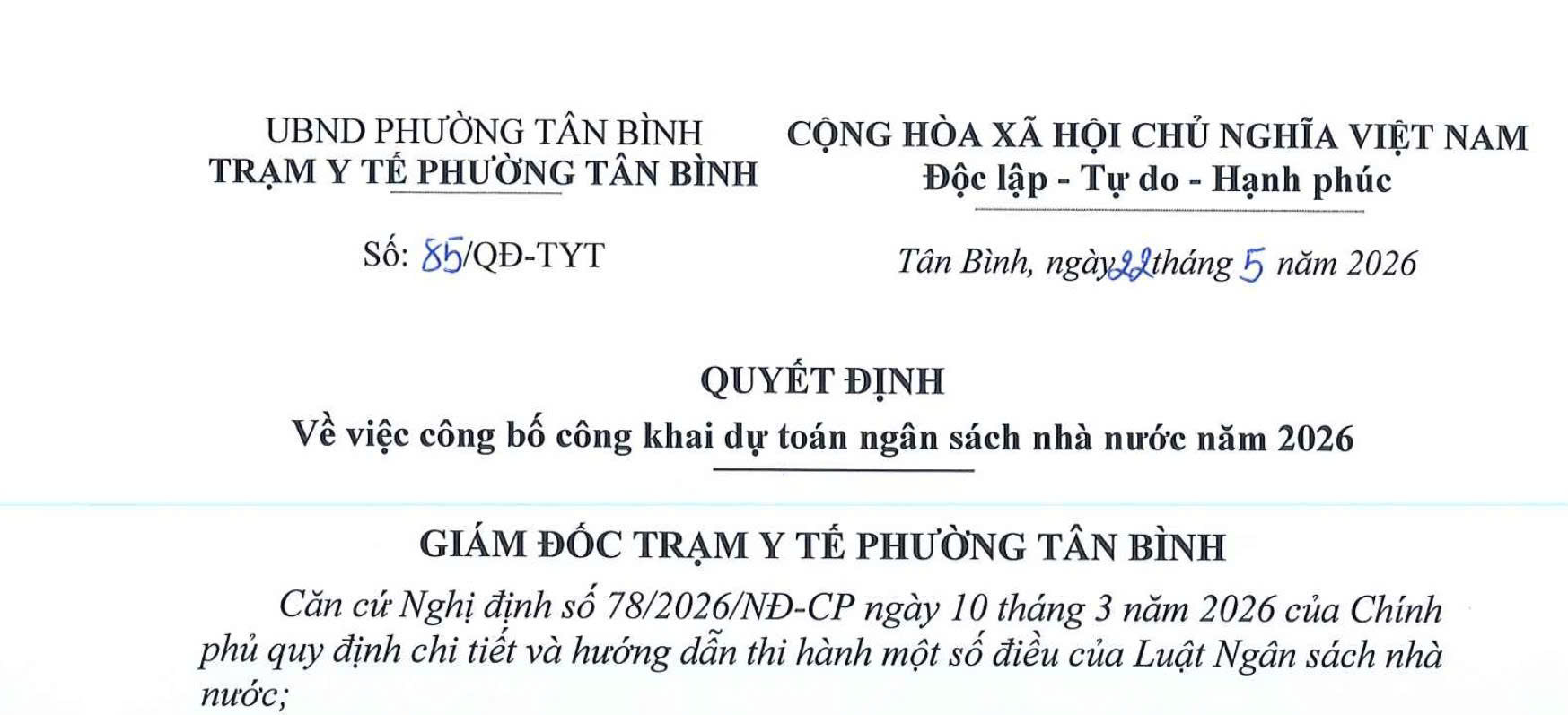 Quyết định số 85/QĐ-TYT về việc công bố công khai dự toán ngân sách Nhà nước năm 2026