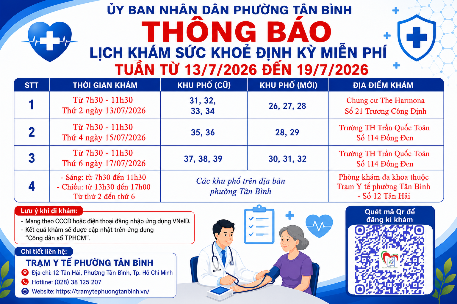 LỊCH KHÁM SỨC KHOẺ ĐỊNH KỲ MIỄN PHÍ CHO NGƯỜI DÂN TRÊN ĐỊA BÀN PHƯỜNG TUẦN TỪ 13/7/2026 ĐẾN 19/7/2026