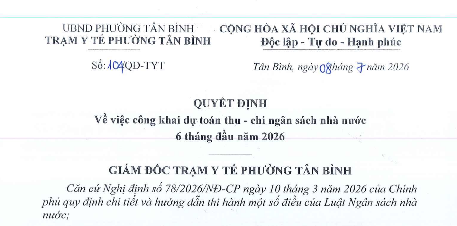 QĐ 104/QĐ-TYT V/V CÔNG KHAI DỰ TOÁN THU - CHI NGÂN SÁCH NHÀ NƯỚC 6 THÁNG ĐẦU NĂM 2026