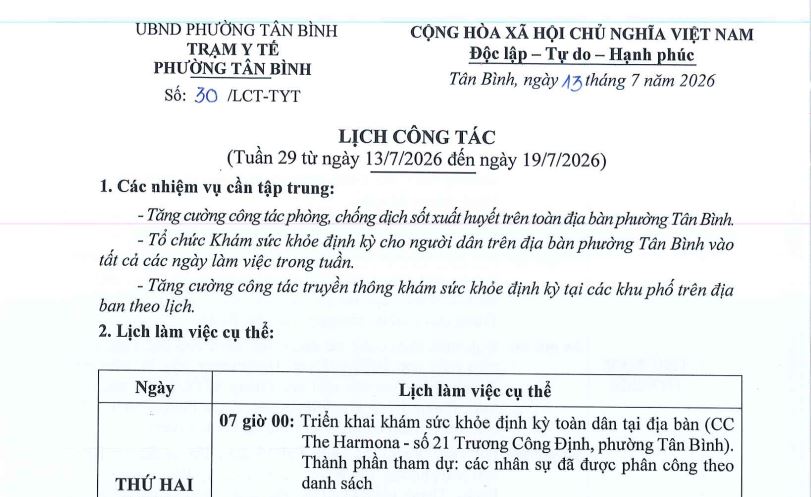 Lịch công tác tuần 29 (từ ngày 13-7-2026 đến ngày 19-7-2026)