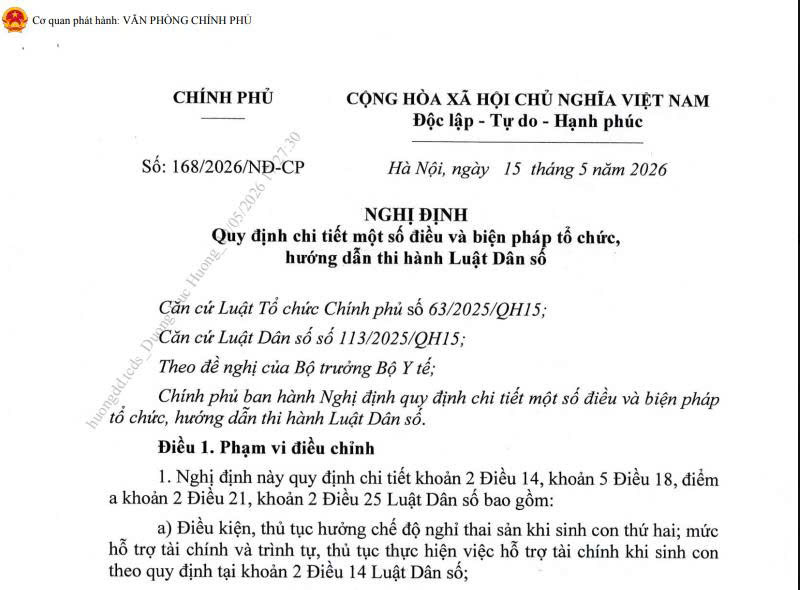 Nghị định 168/2026/NĐ-CP của Chính Phủ về Quy định chi tiết một số điều và biện pháp tổ chức, hướng dẫn thi hành Luật Dân số