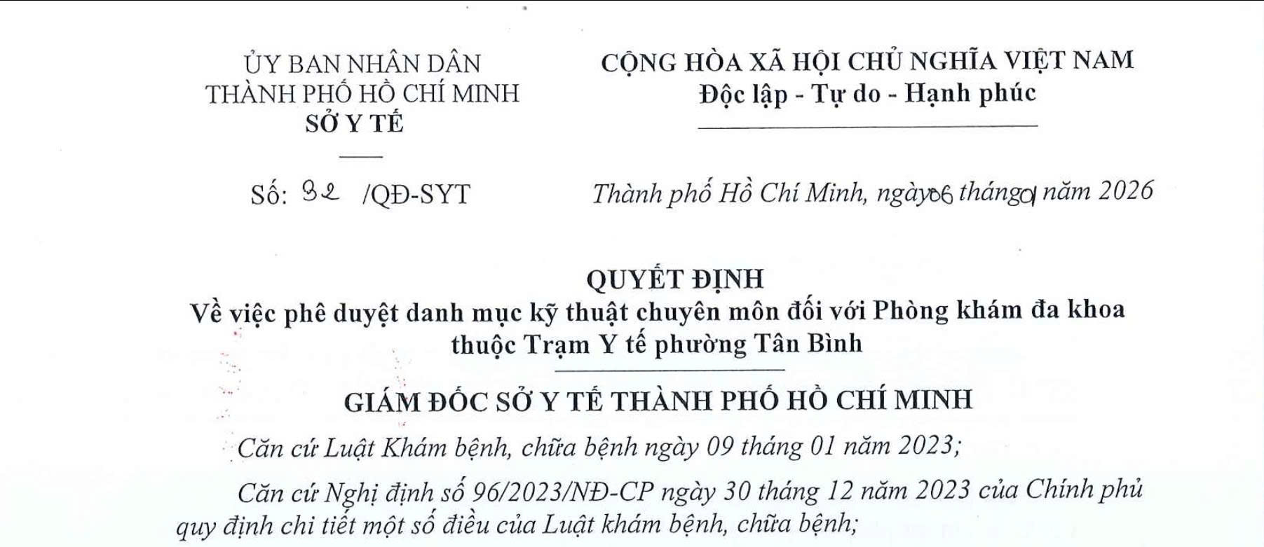 Quyết định số 32/QĐ-SYT của Sở Y tế Tp.HCM về phê duyệt danh mục kỹ thuật chuyên môn đối với phòng khám đa khoa thuộc Trạm Y tế phường Tân Bình