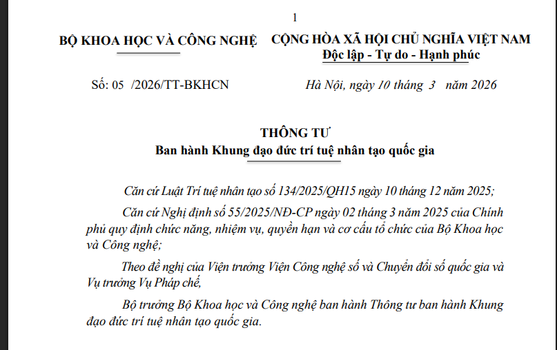 Thông tư số 05/2026/TT-BKHCN ngày 10/3/2026 của Bộ Khoa học và Công nghệ ban hành Khung đạo đức trí tuệ nhân tạo quốc gia