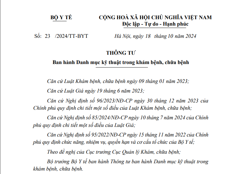 Thông tư 23/2024/TT-BYT ngày 18/10/2024 của Bộ Y tế về ban hành Danh mục kỹ thuật trong khám bệnh, chữa bệnh