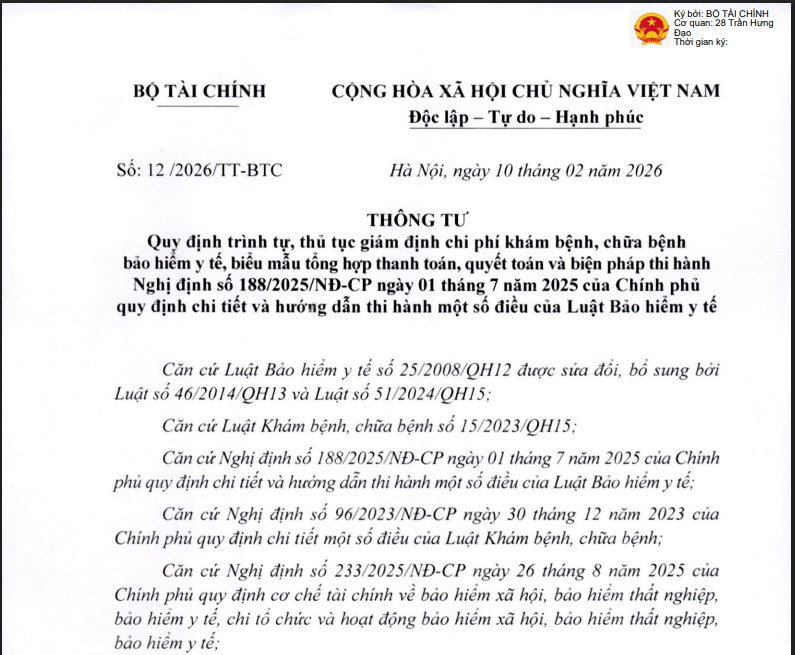 Thông tư số 12/2026/TT-BTC ngày 10/12/2026 của Bộ Tài Chính quy định trình tự, thủ tục giám định chi phí khám bệnh, chữa bệnh bảo hiểm y tế, biểu mẫu tổng hợp thanh toán, quyết toán và biện pháp thi hành