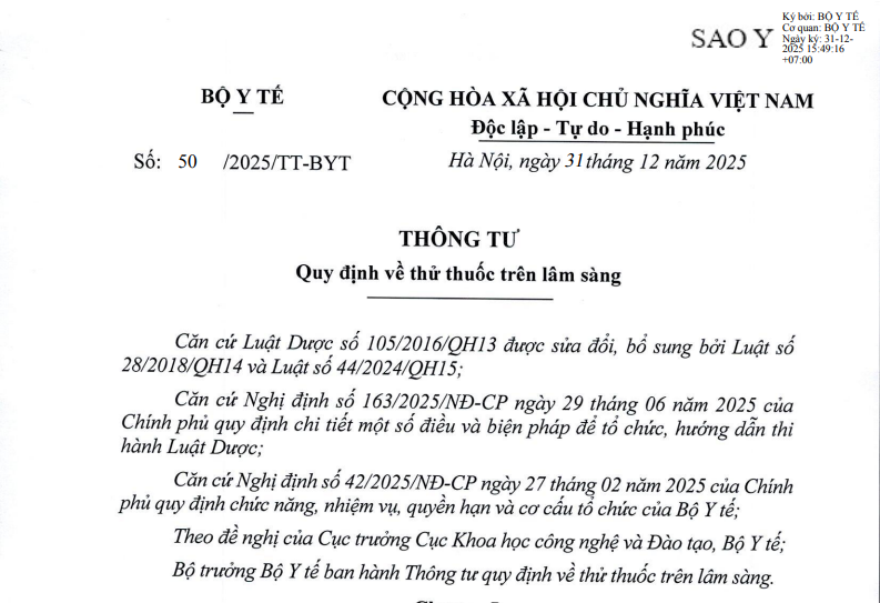 Thông tư số 50/2025/TT-BYT ngày 31/12/2025 của Bộ Y tế quy định về thử thuốc trên lâm sàng
