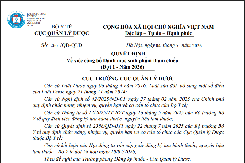 Quyết định số 266/QĐ-QLD ngày 04/5/2026 về việc công bố Danh mục sinh phẩm tham chiếu (Đợt 1 - Năm 2026)