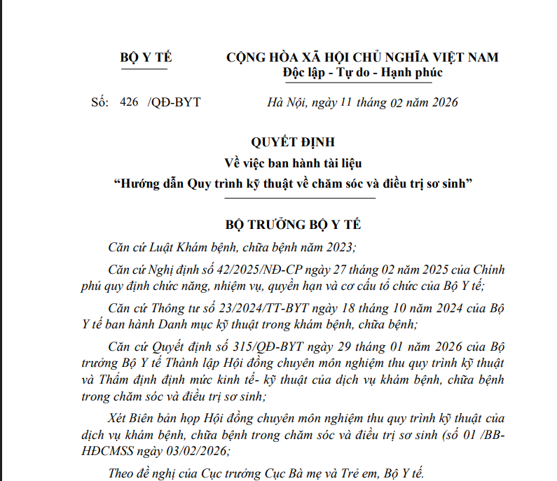 Quyết định số 426/QĐ-BYT ngày 11/02/2026 về việc ban hành tài liệu "Hướng dẫn Quy trình kỹ thuật về chăm sóc và điều trị sơ sinh"
