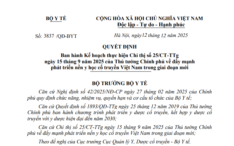 Quyết định số 3837/QĐ-BYT ngày 12/12/2025 về ban hành Kế hoạch thực hiện Chỉ thị số 25/CT-TTg ngày 15/09/2025 của Thủ tướng Chính phủ về đẩy mạnh phát triển nền y học cổ truyền Việt Nam trong giai đoạn mới