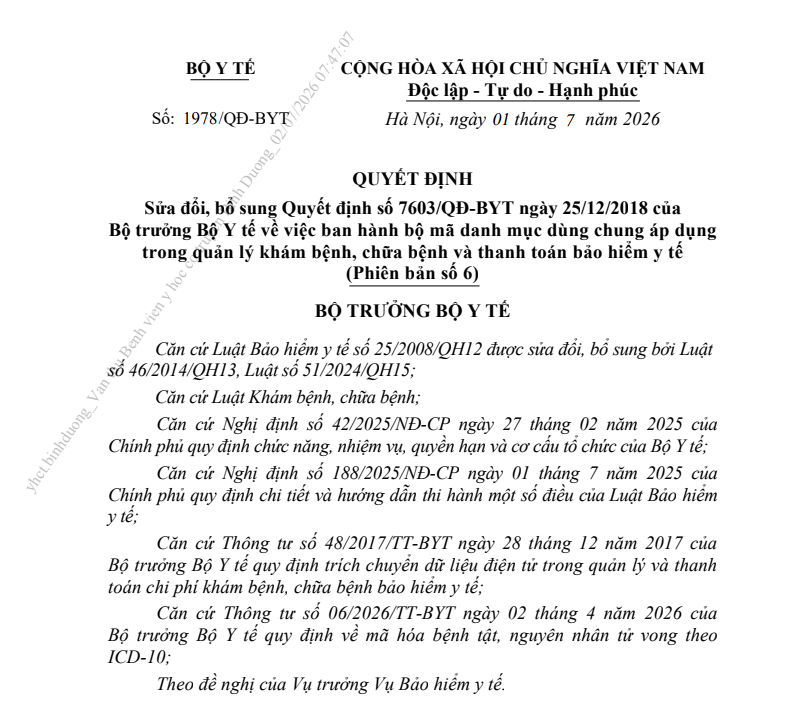 QUYẾT ĐỊNH Sửa đổi, bổ sung Quyết định số 7603/QĐ-BYT ngày 25/12/2018 của Bộ trưởng Bộ Y tế về việc ban hành bộ mã danh mục dùng chung áp dụng trong quản lý khám bệnh, chữa bệnh và thanh toán bảo hiểm y tế (Phiên bản số 6)
