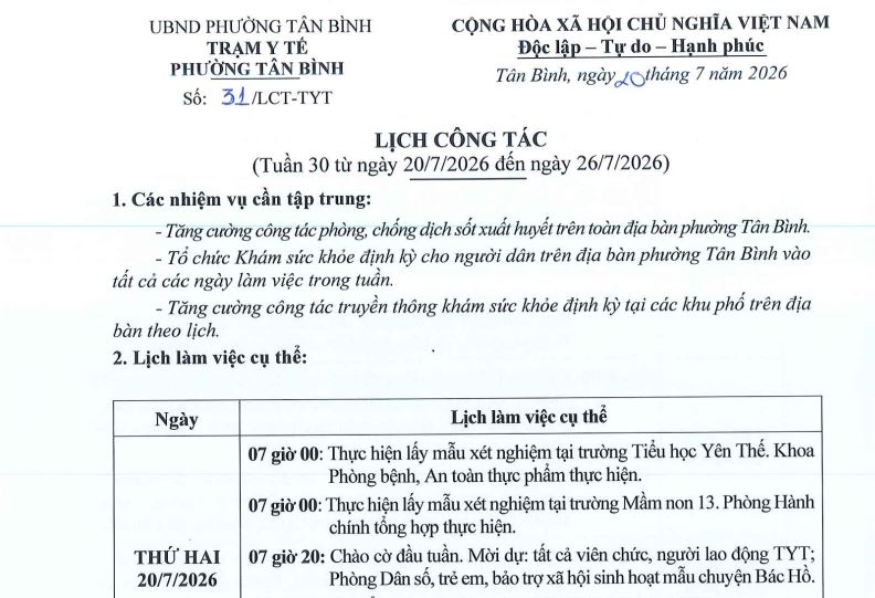 Lịch công tác tuần 30 (từ ngày 20/7/2026 đến ngày 26/7/2026)