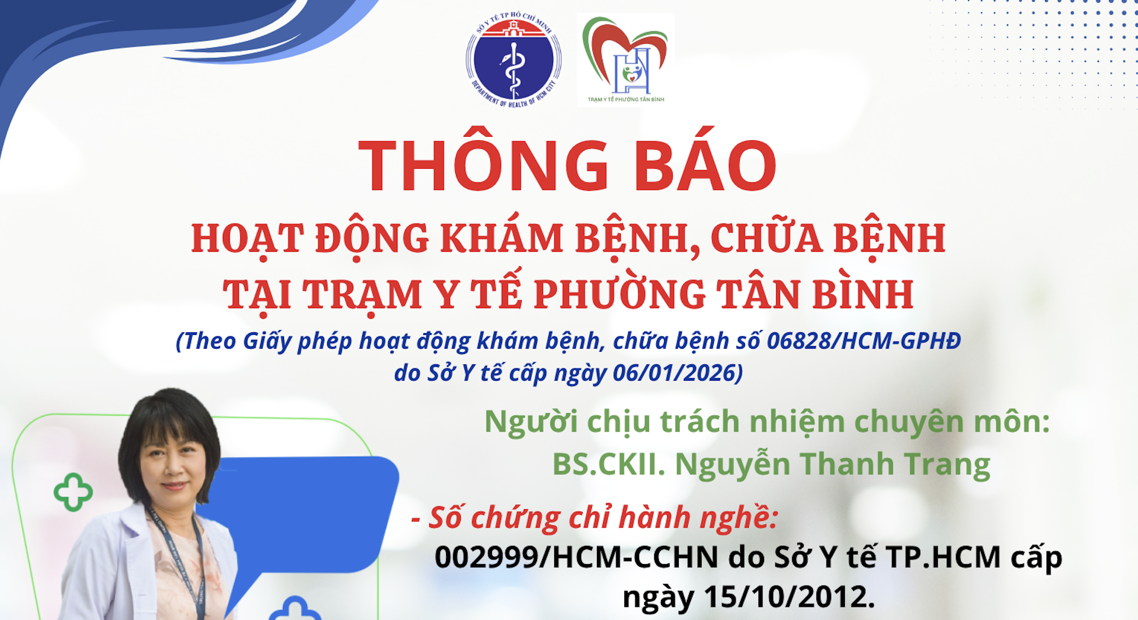Thông báo hoạt động khám bệnh, chữa bệnh tại Trạm Y tế phường Tân Bình