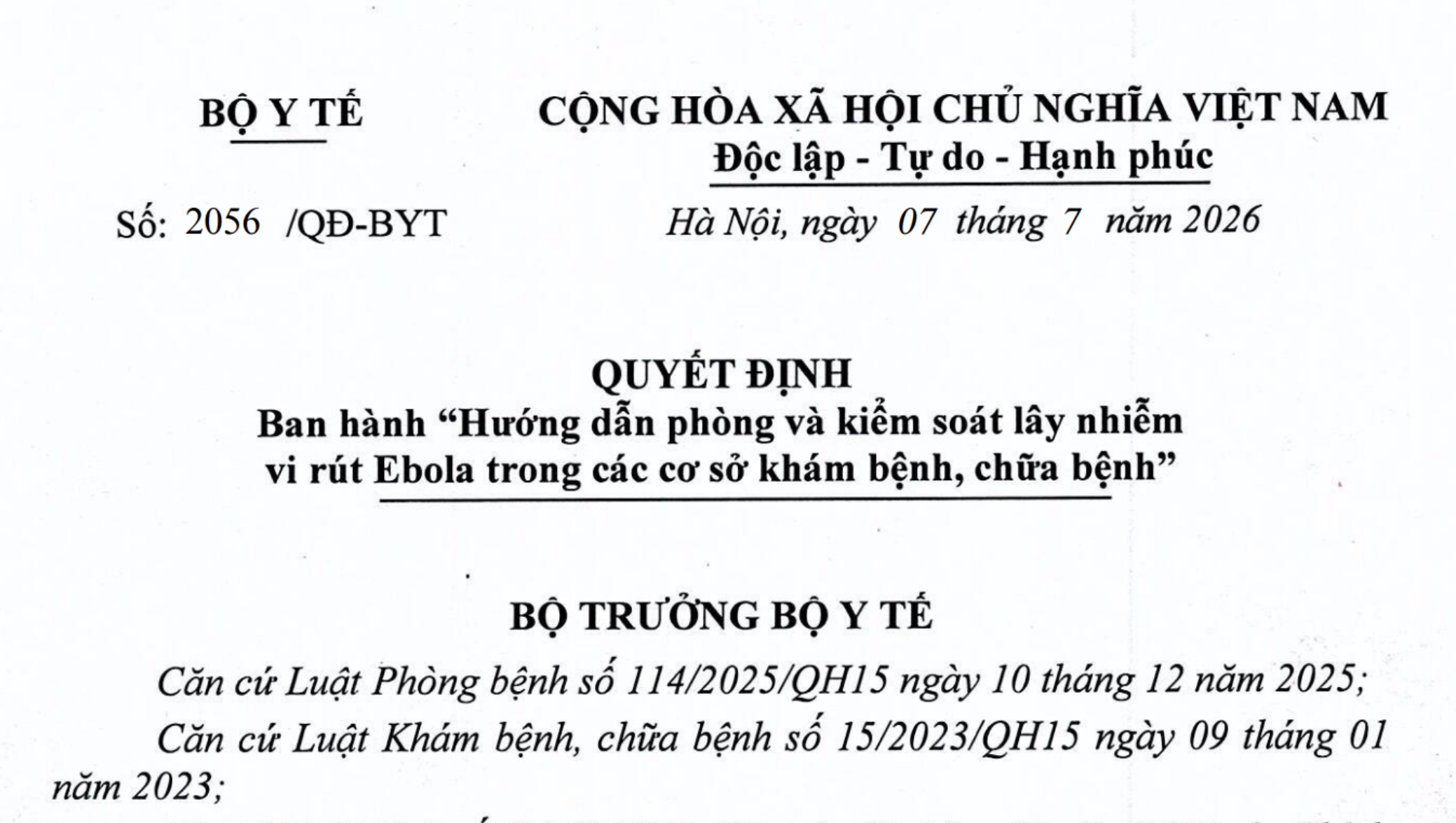 QUYẾT ĐỊNH 2056/QĐ-BYT BAN HÀNH "HƯỚNG DẪN PHÒNG VÀ KIỂM SOÁT LÂY NHIỄM VIRUT EBOLA TRONG CÁC CƠ SỞ KHÁM BỆNH, CHỮA BỆNH"