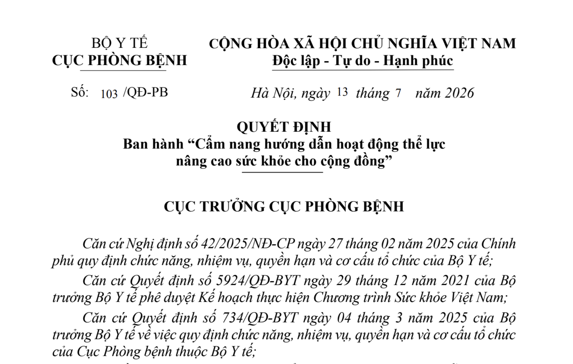 QUYẾT ĐỊNH 103/QĐ-PB BAN HÀNH "CẨM NANG HƯỚNG DẪN HOẠT ĐỘNG THỂ LỰC NÂNG CAO SỨC KHOẺ CHO CỘNG ĐỒNG"