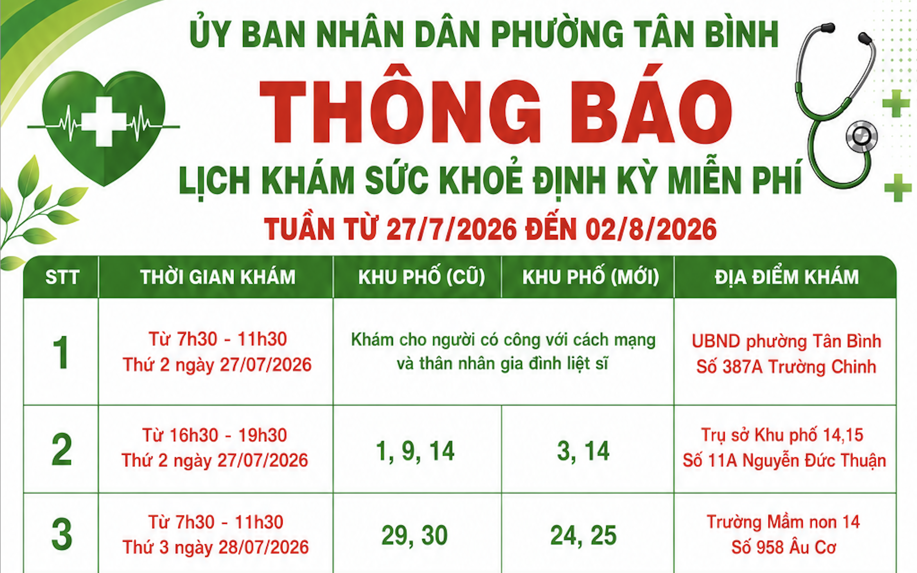 THÔNG BÁO LỊCH KHÁM SỨC KHỎE ĐỊNH KỲ MIỄN PHÍ (Tuần từ 27/7/2026 đến 02/8/2026)