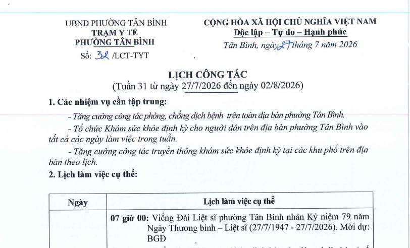 Lịch công tác tuần 31 (từ ngày 27-7-2026 đến ngày 02-8-2026)