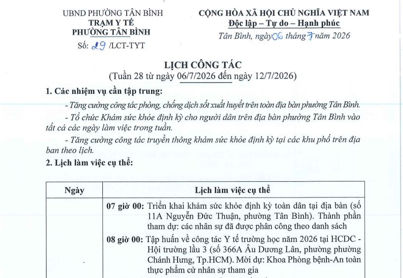 Lịch công tác tuần 28 (từ ngày 06/7/2026 đến ngày 12/7/2026)