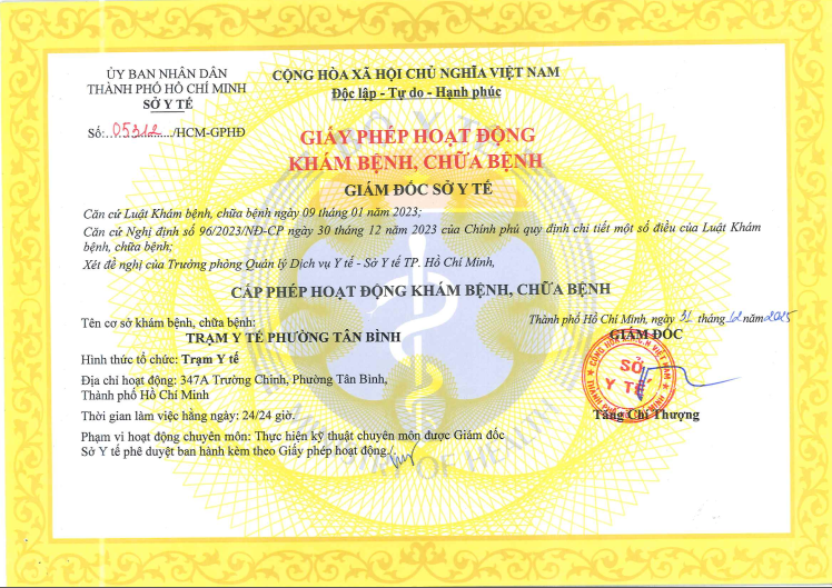 Giấy phép hoạt động khám bệnh, chữa bệnh Trạm Y tế phường Tân Bình