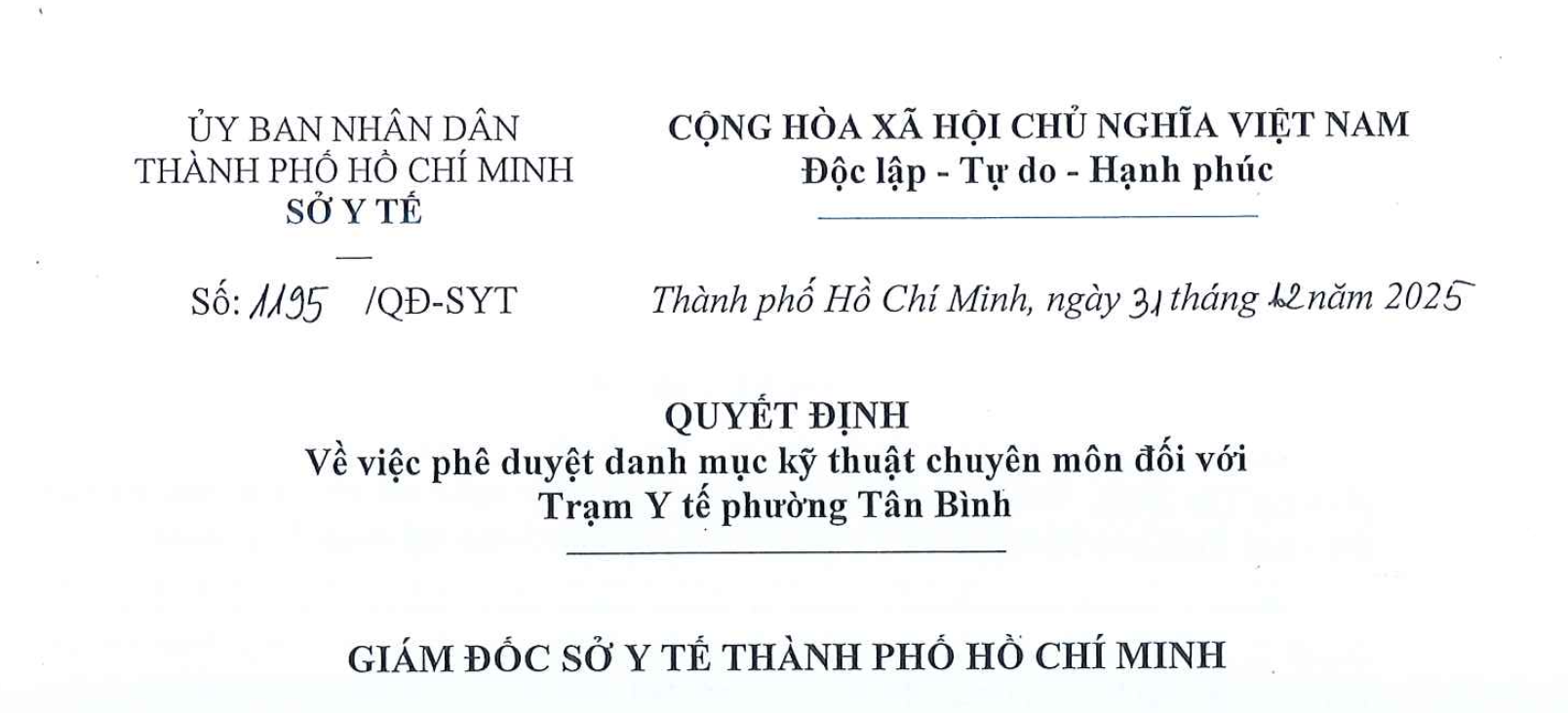 Quyết định phê duyệt danh mục kỹ thuật chuyên môn tại Trạm Y tế phường Tân HUẬT TYT PHƯỜNG TÂN BÌNH