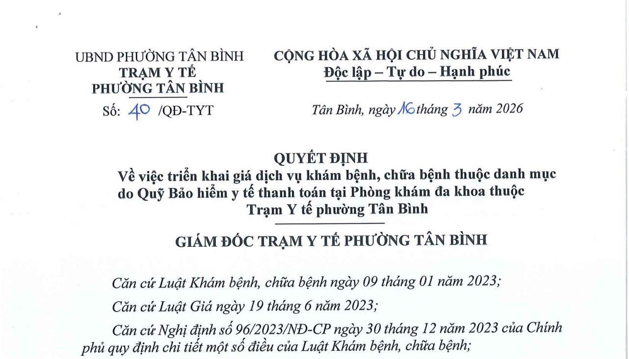 Quyết định về việc triển khai giá dịch vụ khám bệnh, chữa bệnh thuộc danh mục do Quỹ bảo hiểm y tế thanh toán tại Phòng khám đa khoa thuộc Trạm Y tế phường Tân Bình