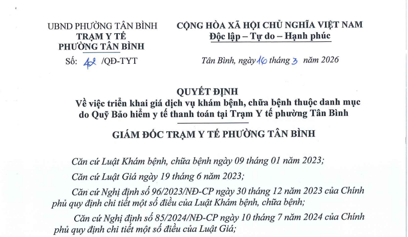 42 QĐ-TYT Quyết định về việc triển khai giá dịch vụ khám bệnh, chữa bệnh thuộc danh mục do Quỹ bảo hiểm y tế thanh toán Trạm Y tế phường Tân Bình
