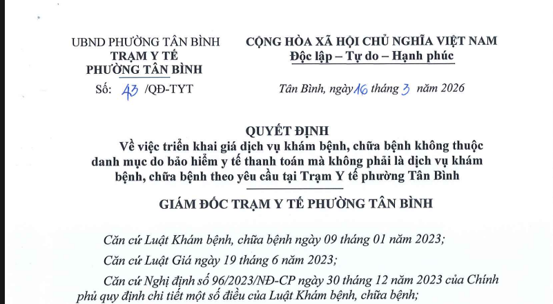 Quyết định Vv triển khai giá dịch vụ khám bệnh, chữa bệnh không thuộc danh mục do BHYT thanh toán mà không phải là dịch vụ khám bệnh, chữa bệnh theo yêu cầu tại Trạm Y tế phường Tân Bình