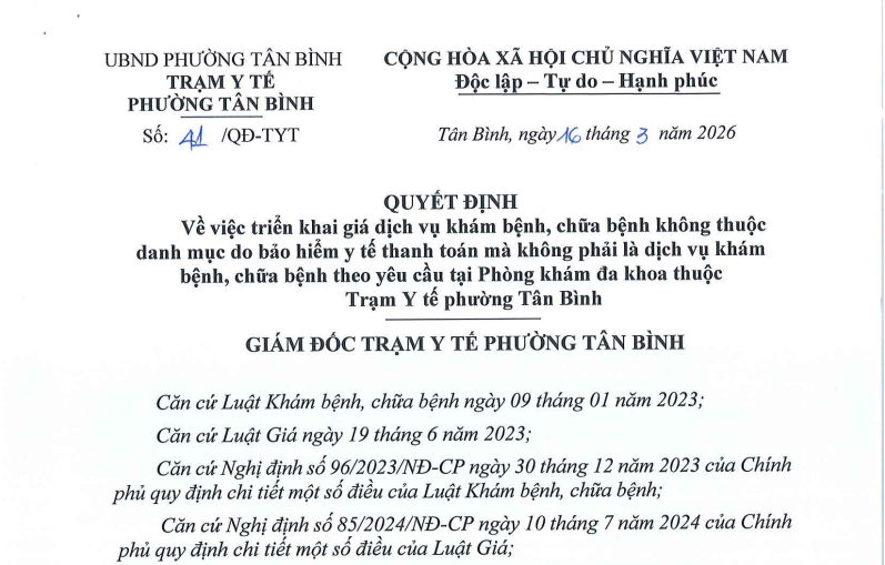 Quyết định Vv triển khai giá dịch vụ khám bệnh, chữa bệnh không thuộc danh mục do BHYT thanh toán mà không phải là dịch vụ khám bệnh, chữa bệnh theo yêu cầu tại Phòng khám đa khoa thuộc Trạm Y tế phường