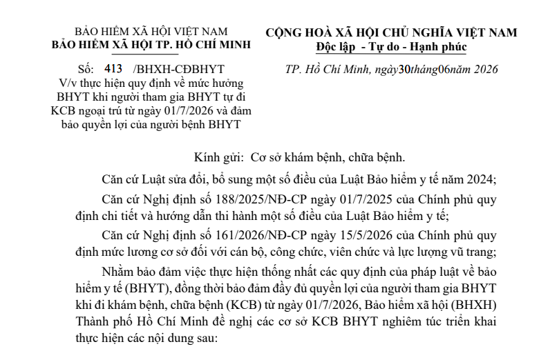 V/v thực hiện quy định về mức hưởng BHYT khi người tham gia BHYT tự đi KCB ngoại trú từ ngày 01/7/2026 và đảm bảo quyền lợi của người bệnh BHYT