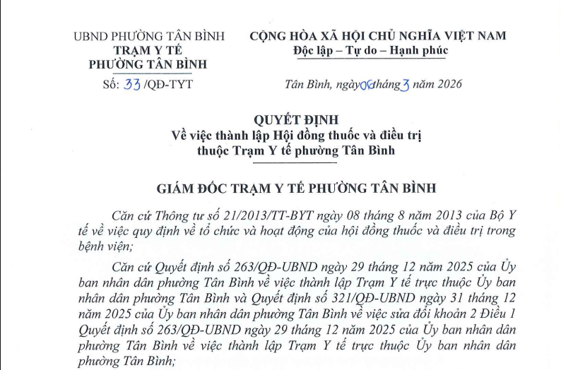 Quyết định Vv thành lập Hội đồng thuốc và điều trị thuộc Trạm Y tế phường Tân Bình