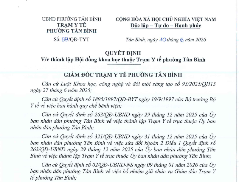 Quyết định về việc thành lập Hội đồng khoa học thuộc Trạm Y tế phường Tân Bình