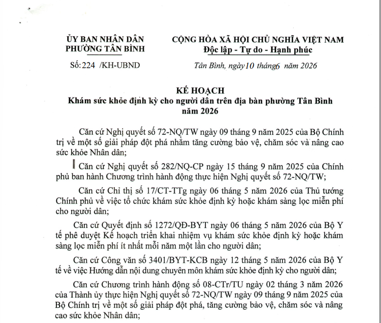 Kế hoạch khám sức khỏe định kỳ cho người dân trên địa bàn phường Tân Bình năm 2026
