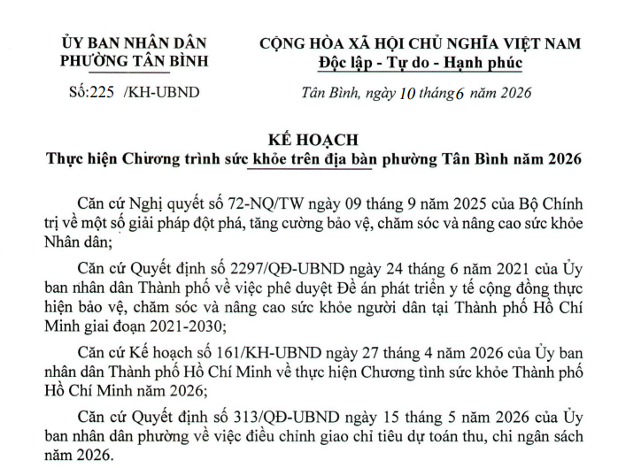 KH thực hiện Chương trình sức khỏe trên địa bàn phường Tân Bình năm 2026
