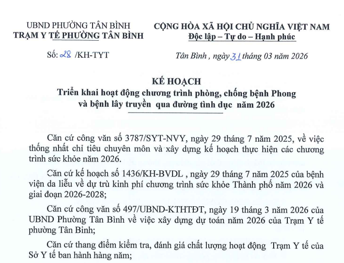 Kế hoạch triển khai hoạt động chương trình phòng, chống bệnh Phong và bệnh lây truyền qua đường tình dục năm 2026