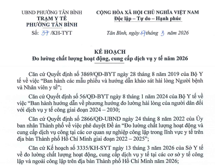 Kế hoạch Đo lường chất lượng hoạt động, cung cấp dịch vụ y tế năm 2026