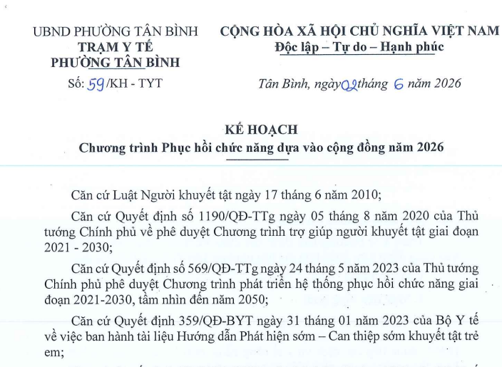 KH-TYT Kế hoạch chương trình Phục hồi chức năng dưa vào cộng đồng năm 2026