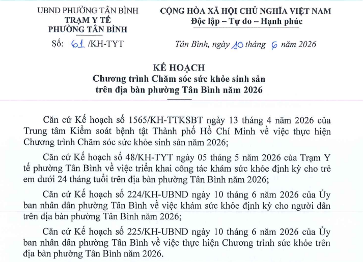 Kế hoạch Chương trình Chăm sóc sức khỏe sinh sản năm 2026 trên địa bàn phường Tân Bình