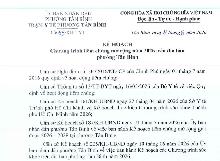 65 KH-TYT Kế hoạch Chương trình tiêm chủng mở rộng năm 2026 trên địa bàn phường Tân Bình