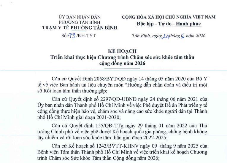 73 KH-TYT Kế hoạch triển khai thực hiện Chương trình Chăm sóc sức khỏe tâm thần cộng đồng năm 2026