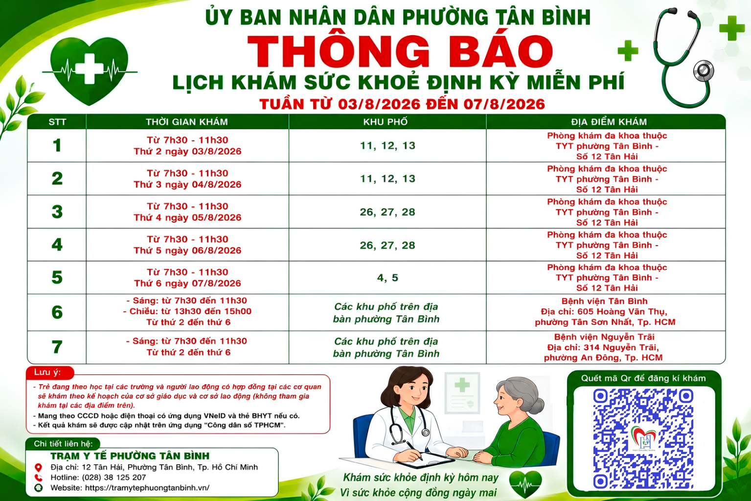 CHƯƠNG TRÌNH KHÁM SỨC KHỎE ĐỊNH KỲ MIỄN PHÍ NĂM 2026 – TUẦN TỪ 03/8 ĐẾN 07/8/2026