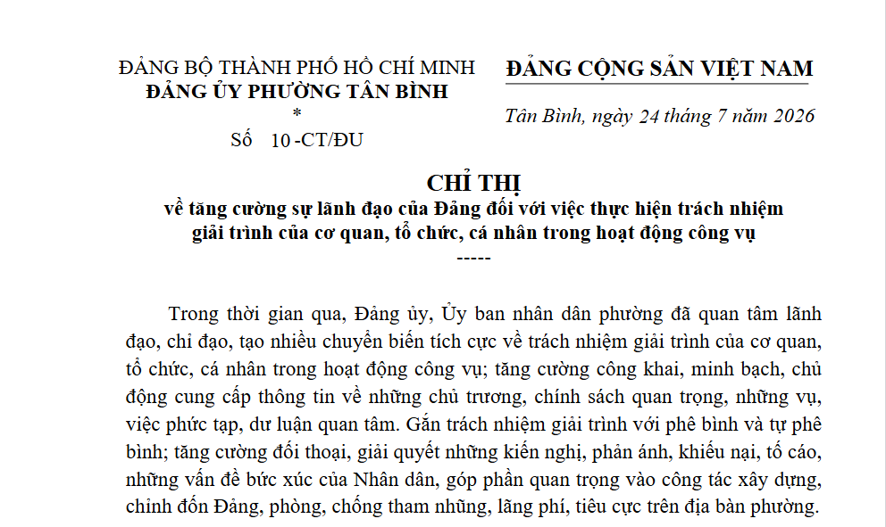 CHỈ THỊ  về tăng cường sự lãnh đạo của Đảng đối với việc thực hiện trách nhiệm giải trình của cơ quan, tổ chức, cá nhân trong hoạt động công vụ