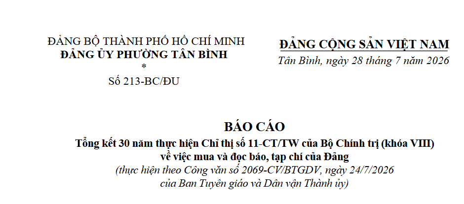 Báo cáo Tổng kết 30 năm thực hiện Chỉ thị số 11-CT/TW của Bộ Chính trị (khóa VIII)  về việc mua và đọc báo, tạp chí của Đảng